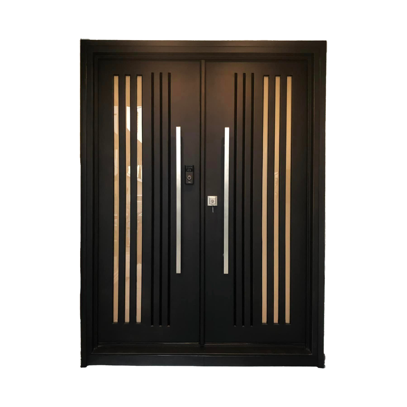 Security entrance door with vertical stripes