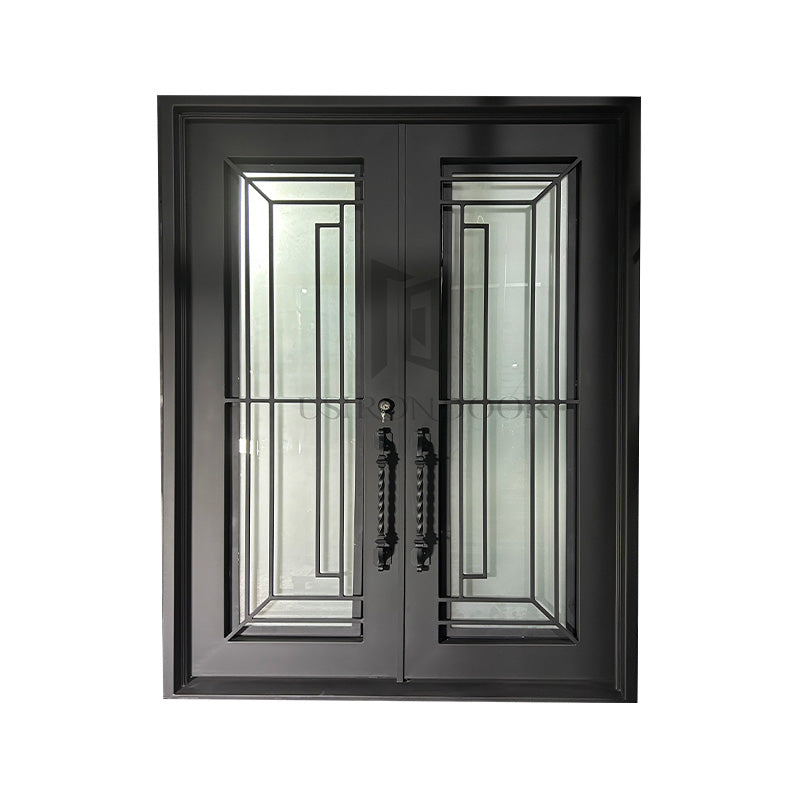 usirondoor Elegant Black Wrought Iron Double Front Door