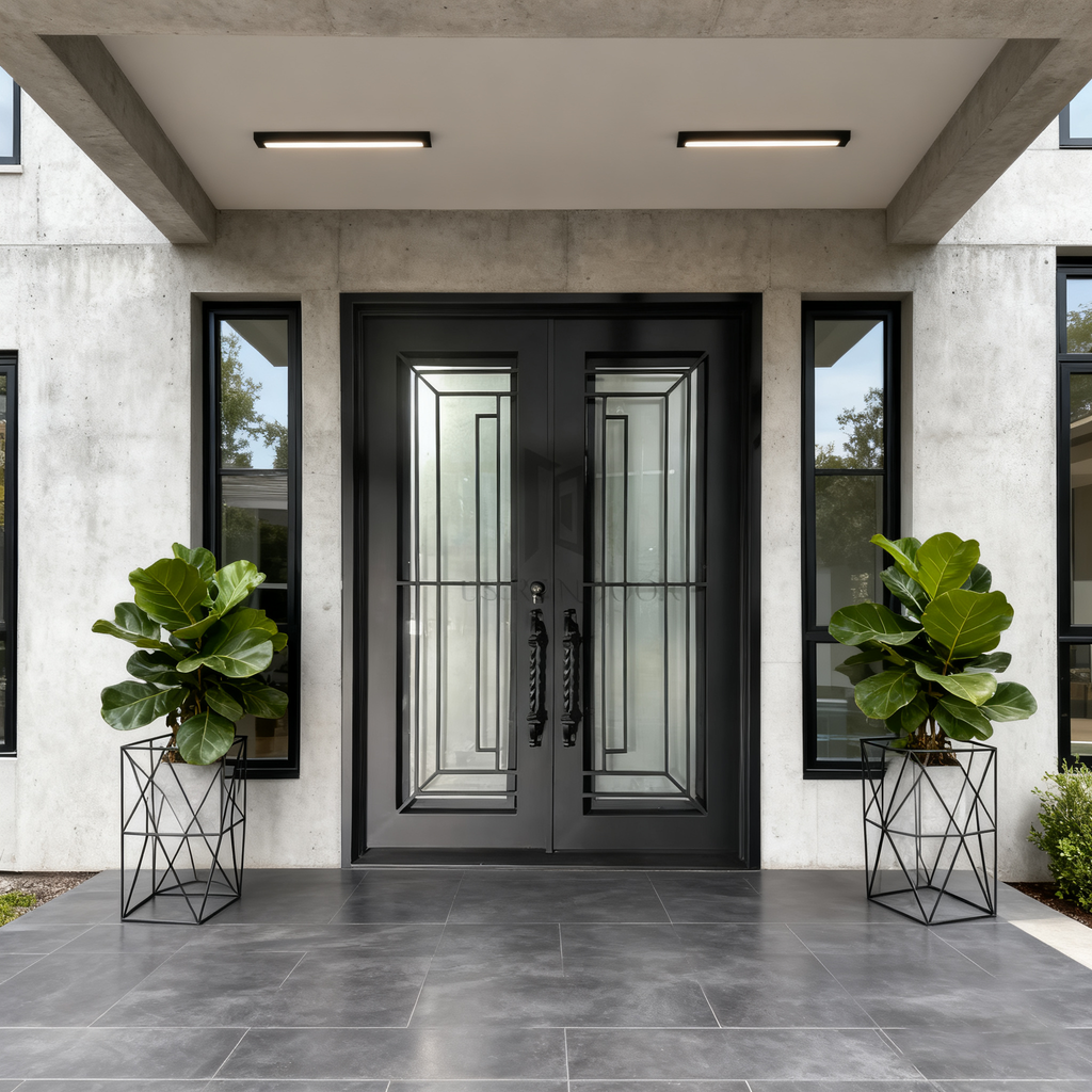 usirondoor Elegant Black Wrought Iron Double Front Door