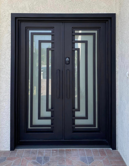 Modern Iron Entry Door with Geometric Design