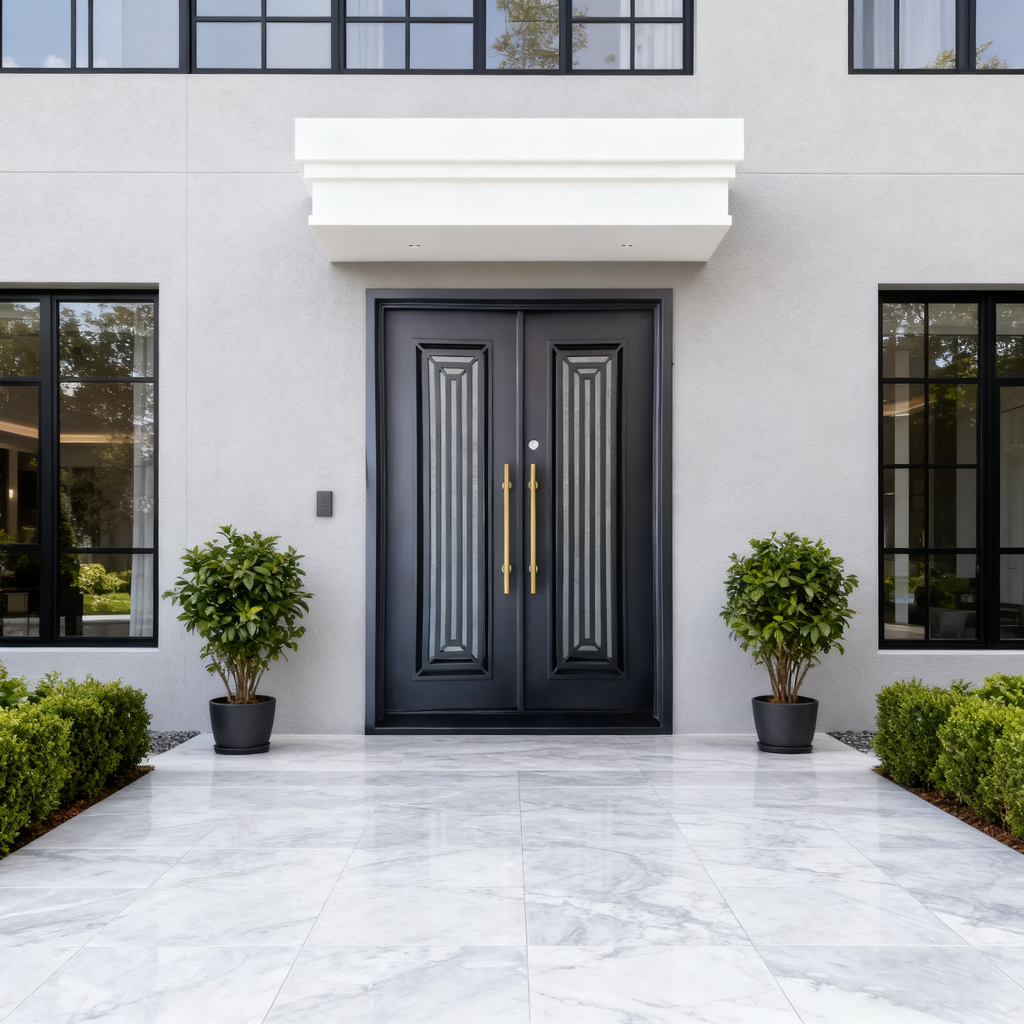 usirondoor Modern Black Steel Double Front Door